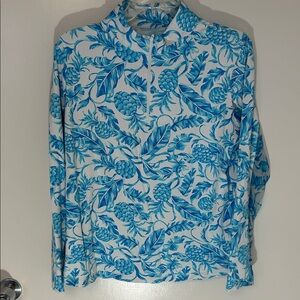 IBKUL Turquoise Blue and White Tropical Sun Protection Quarter Zip shirt